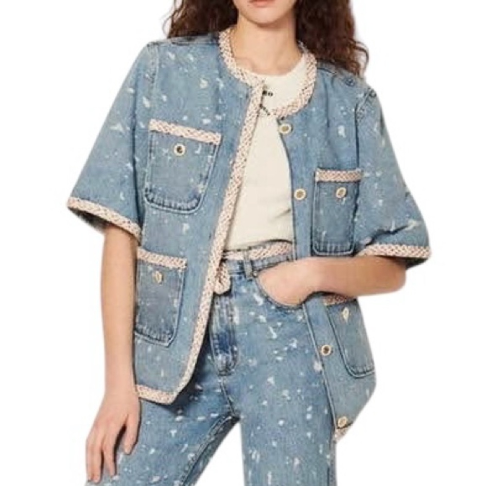 Sandro Distressed Short-Sleeve Denim Jacket